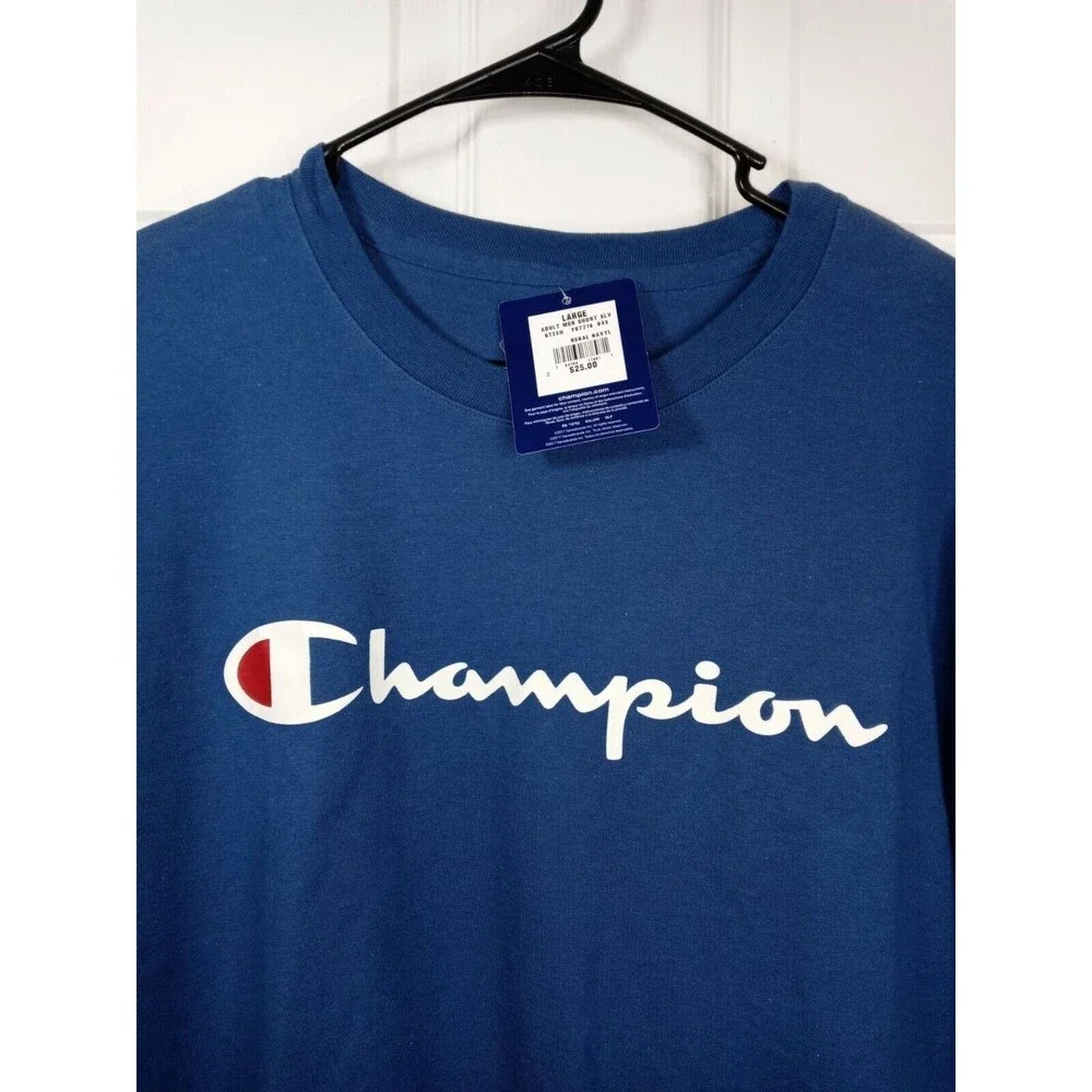 Champion Regal Navy Short Sleeve Cotton Logo T Shirt Men Sz L - Picture 5 of 5